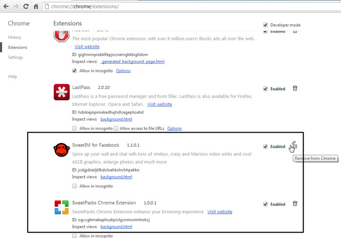 Chrome-extensions borttagning Thesearchweb.net