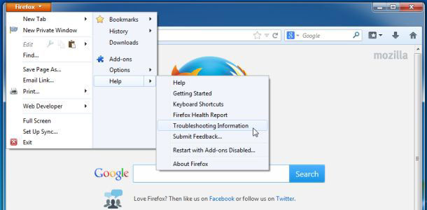 Firefox-Troubleshooting-Information The Bright Tag Malware borttagning
